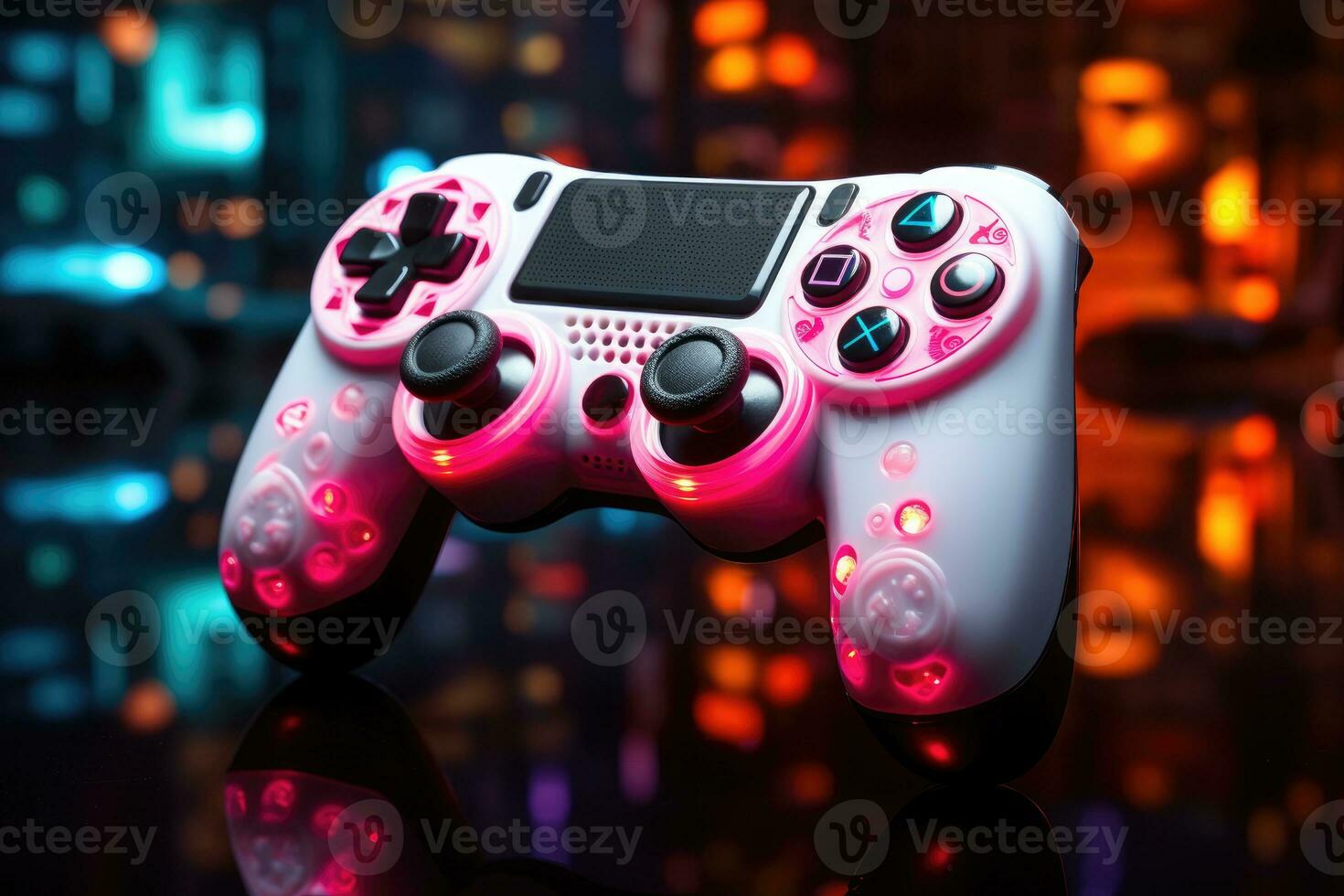 video game controller on a black background with neon lights. close up photo