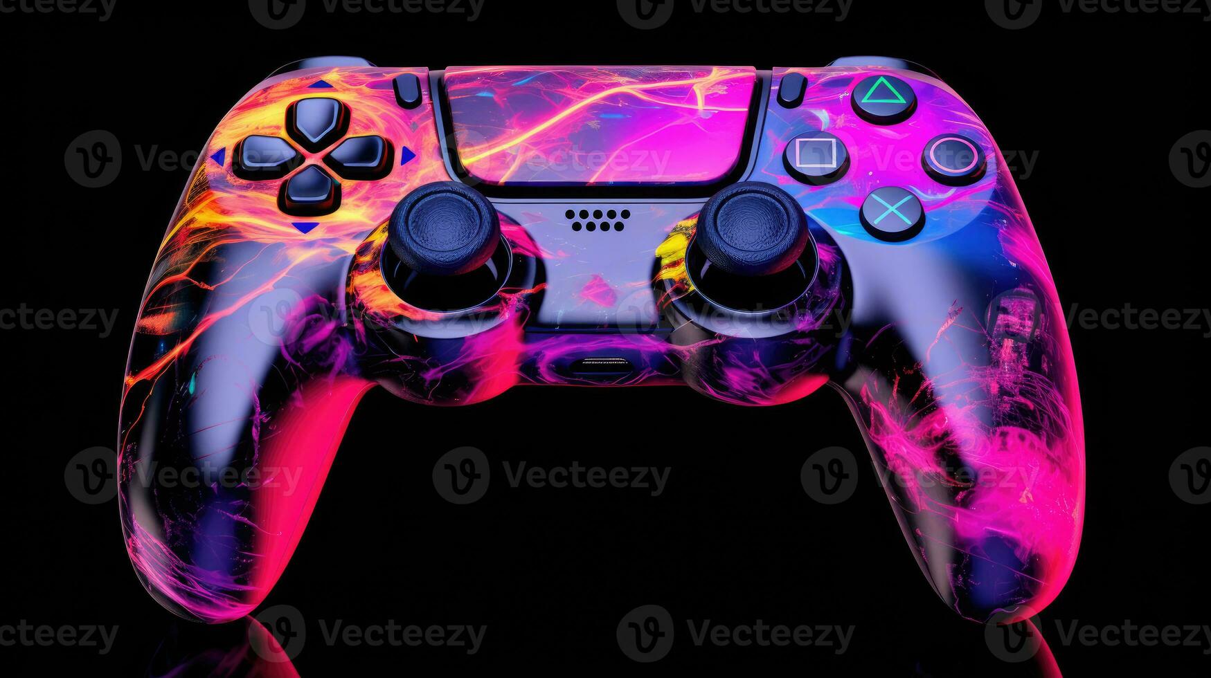 Colorful video game controller on black background. photo