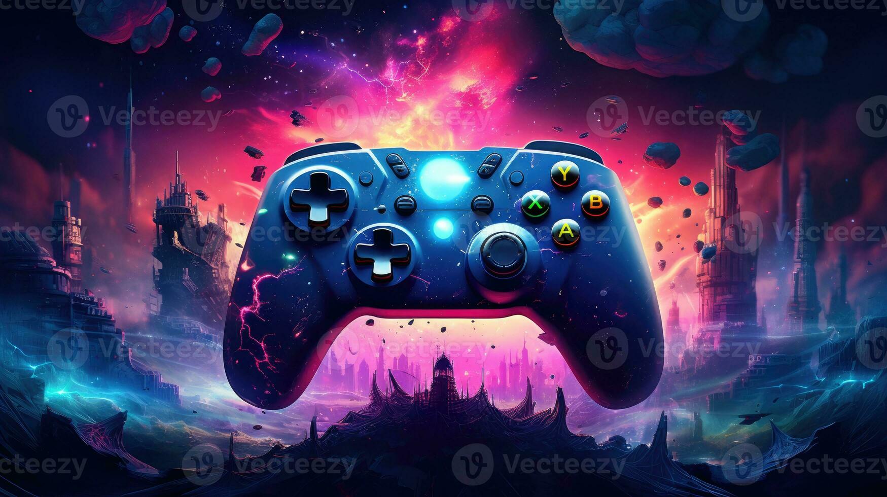 Colorful video game controller on black background. photo