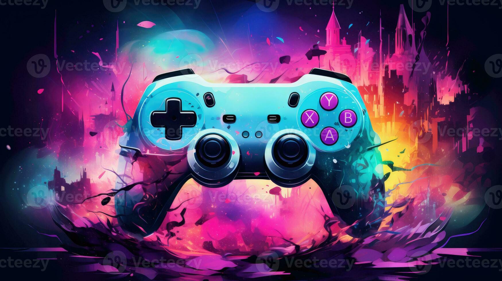 Colorful video game controller on black background. photo