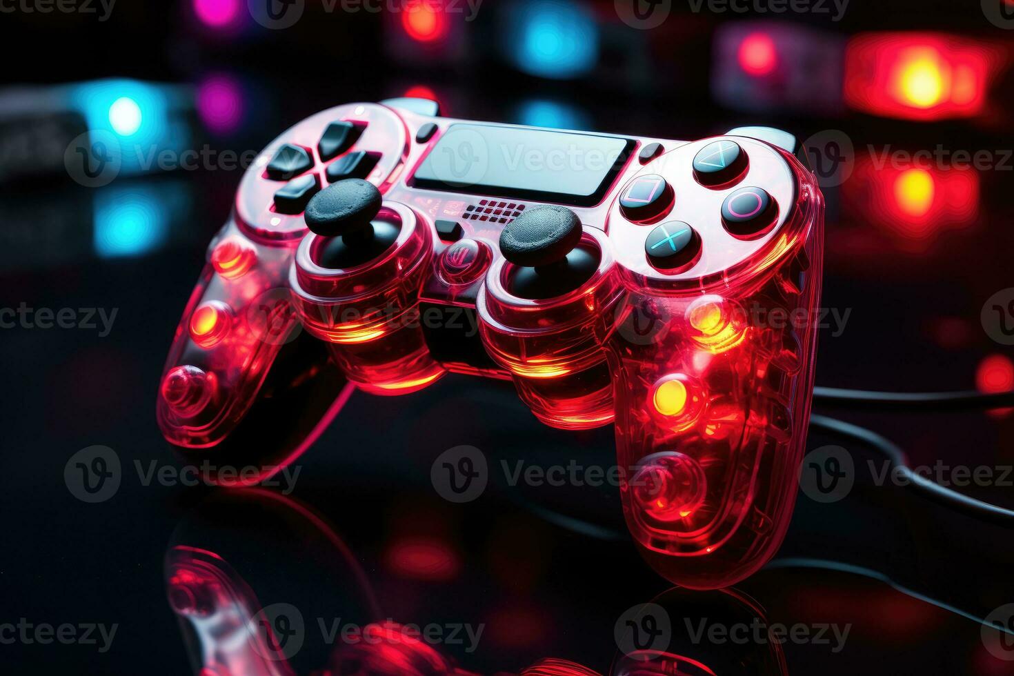 video game controller on a black background with neon lights. close up photo