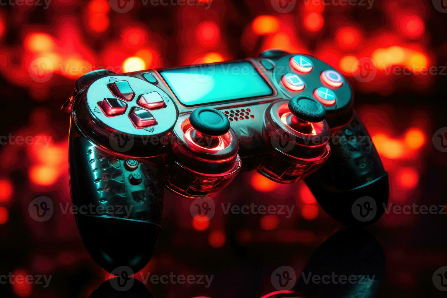 video game controller on a black background with neon lights. close up photo