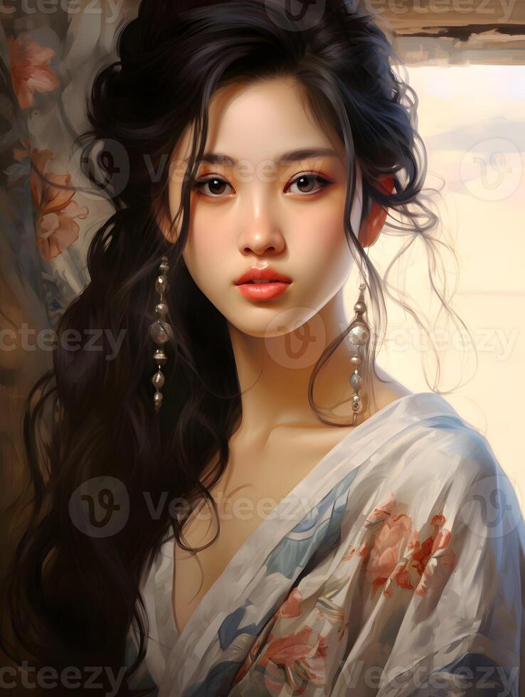 Beautiful young Asian woman portrait, cute girl wallpaper background photo, Generative AI photo