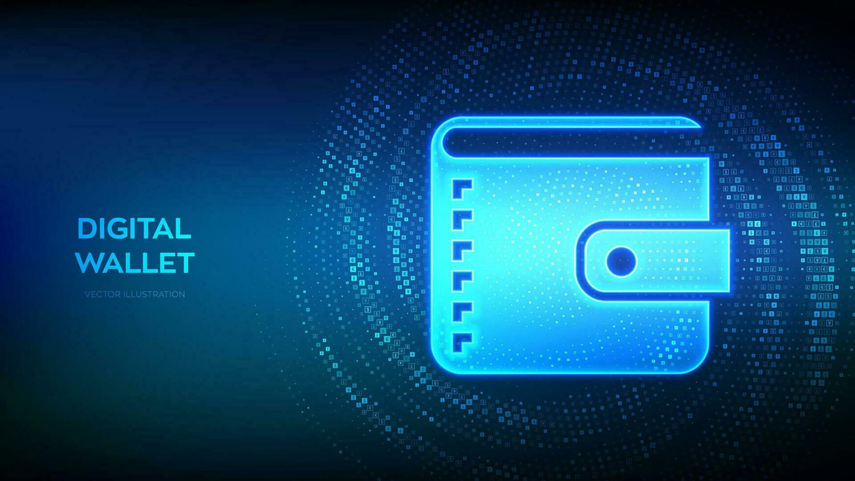 Digital wallet. Wallet icon made with currency symbols. Mobile banking, online finance, e-commerce banner. Dollar, euro, yen and pound icons. Background with currency signs. Vector illustration.