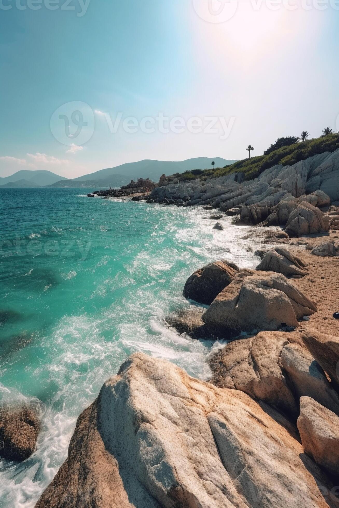 Free AI Image  Blue and transparent water of the Mediterranean sea.  Sunlight, multiple bubbles