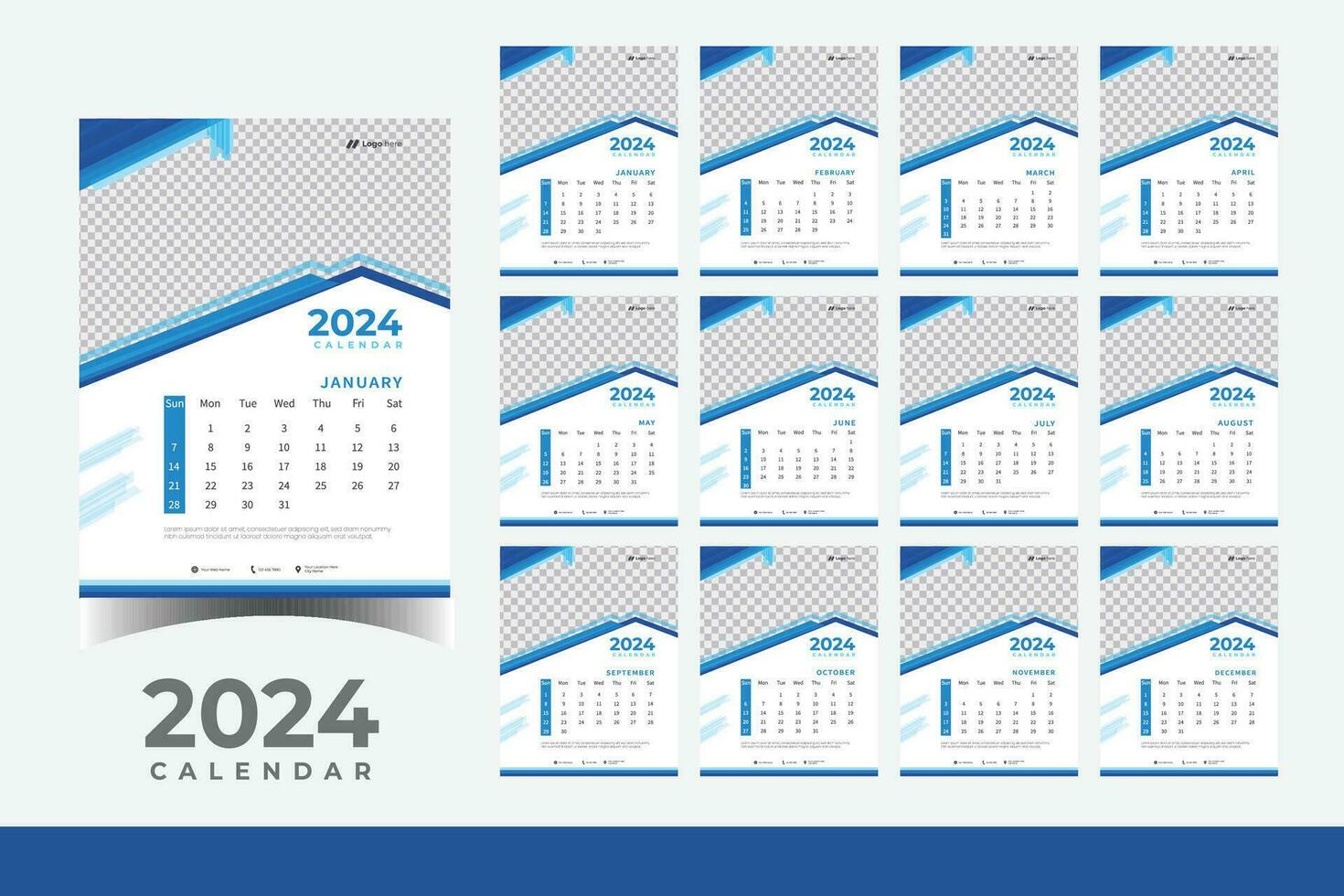 2024 Calendar Wall Design Template, Modern and Business Style New Year