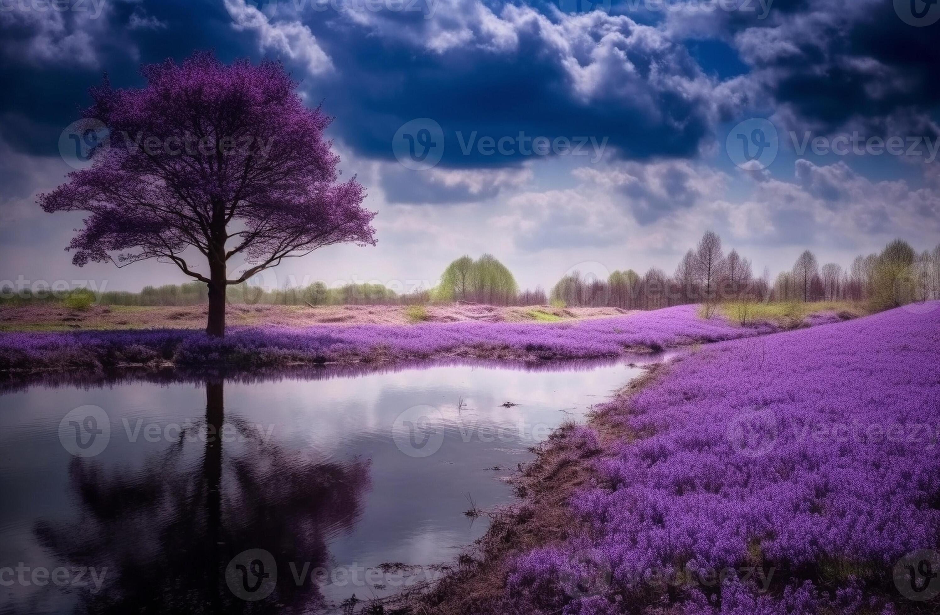 AI Generative Springtime landscape with sea lavender purple flowers
