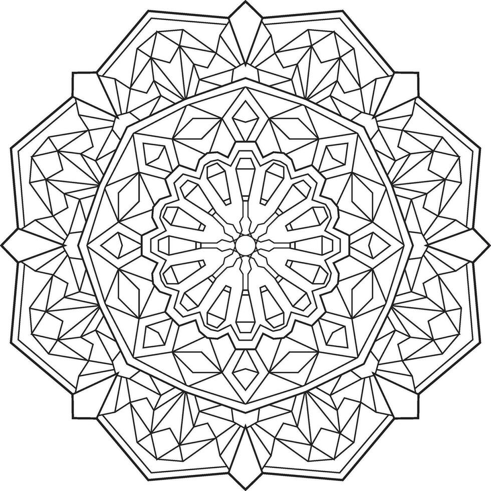 Outlined mandala with many linear geometric patterns, zen coloring page for adults vector