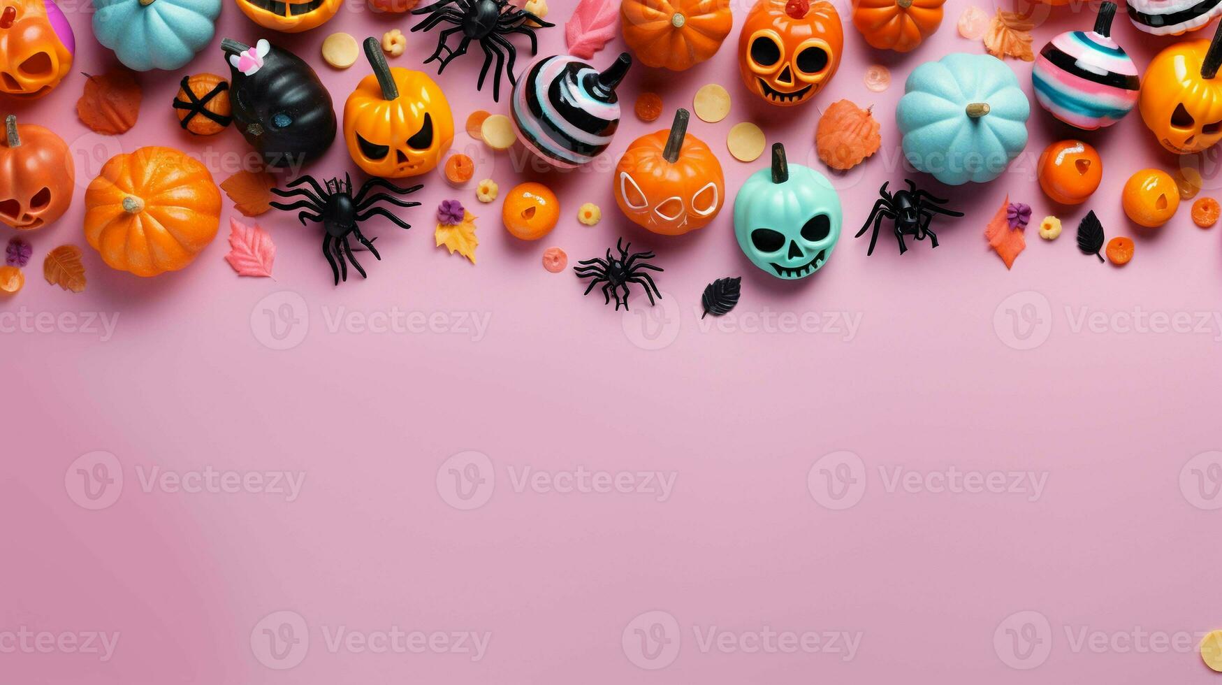 Flatlay Halloween Background in Pastel Hues, Abundant Decorations, Perfect for Creative Projects photo
