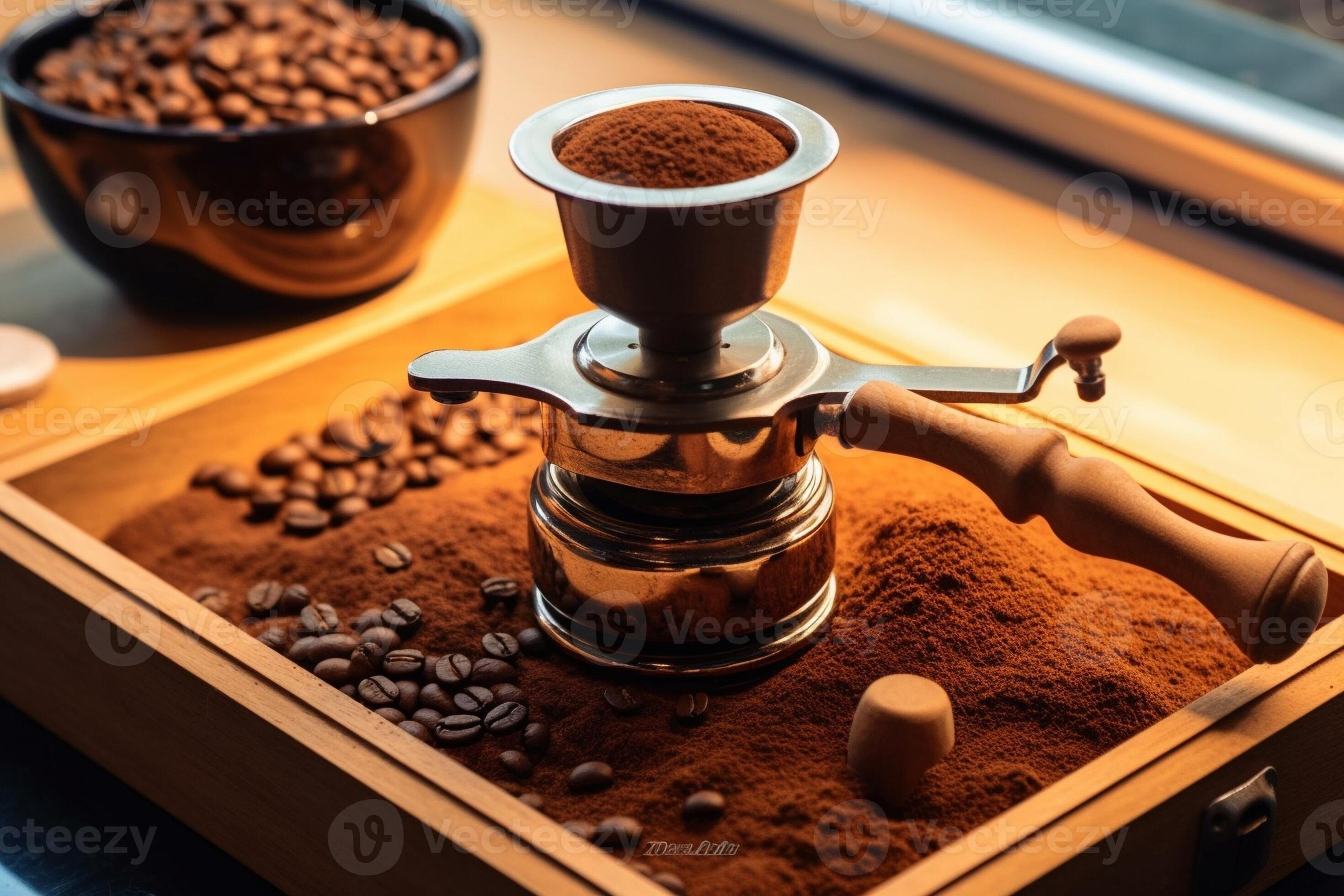 AI Generative Roasted coffee bean with small vintage coffee grinder and