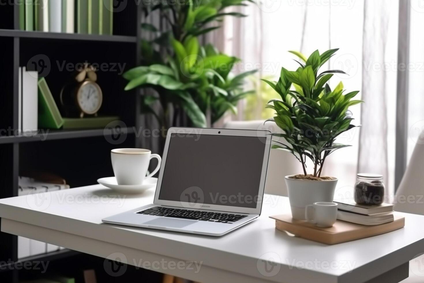 AI Generative Work station with coffee mug and notebook and tablet ...