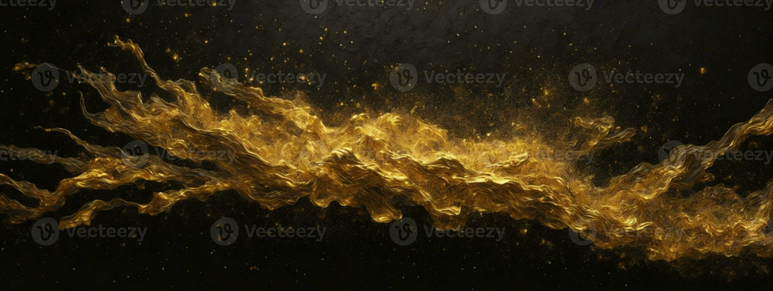 Abstract magic gold dust background over black. Beautiful golden art widescreen background. AI generated photo