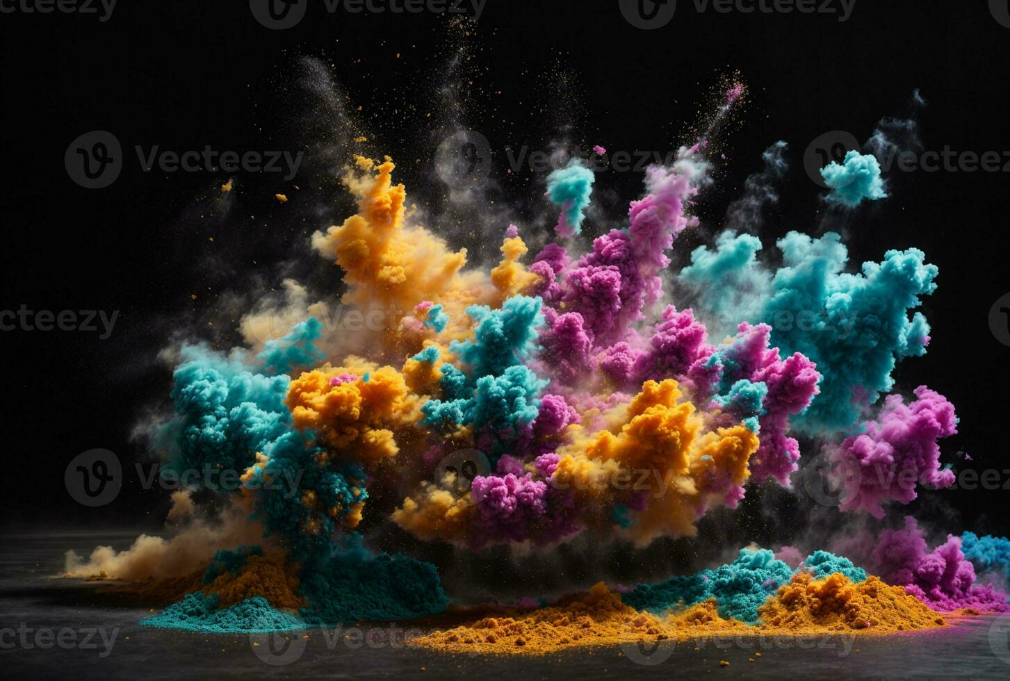 Abstract powder splatted background. Colorful powder explosion on white background. Colored cloud. Colorful dust explode. Paint Holi. AI generated photo