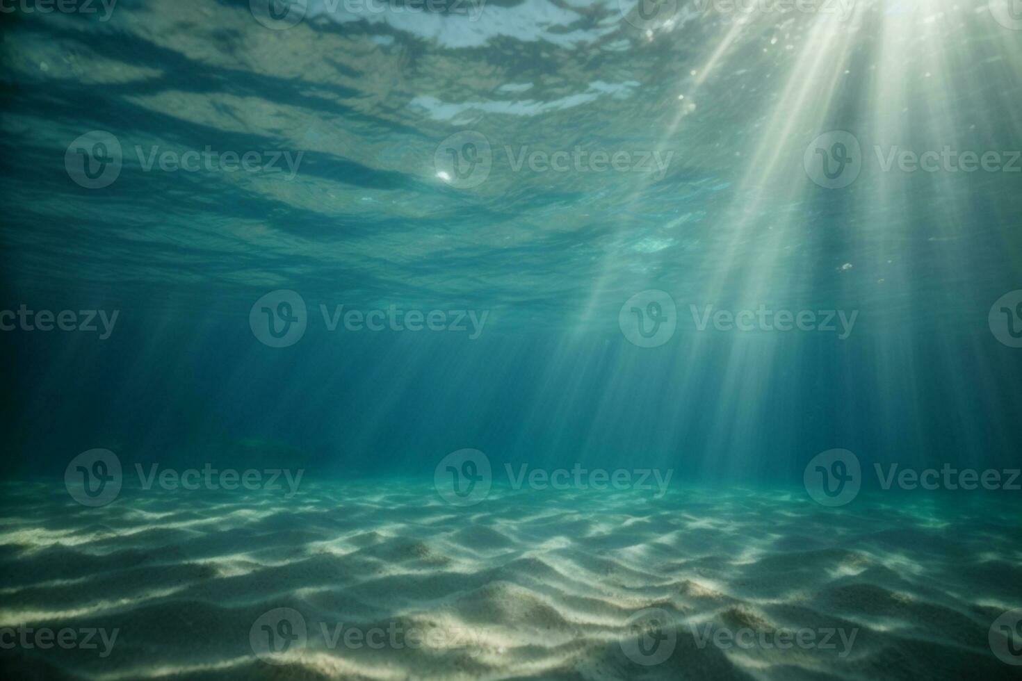 underwater background deep blue sea and beautiful light rays with sandy floor. AI generated photo
