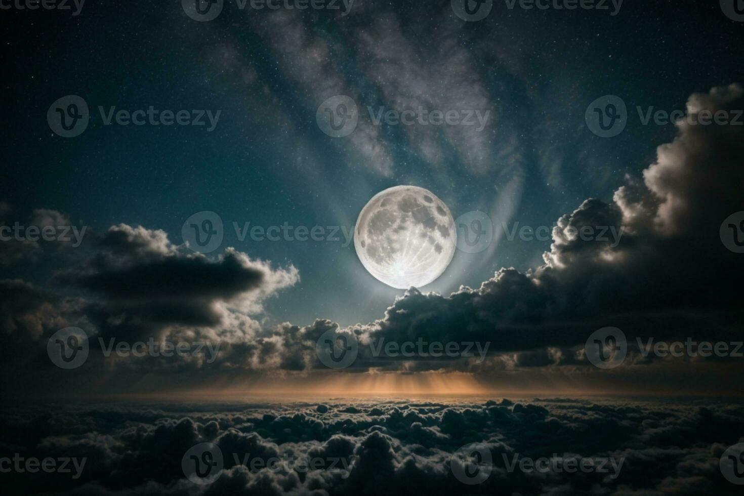 Romantic Moon In Starry Night Over Clouds. AI generated photo