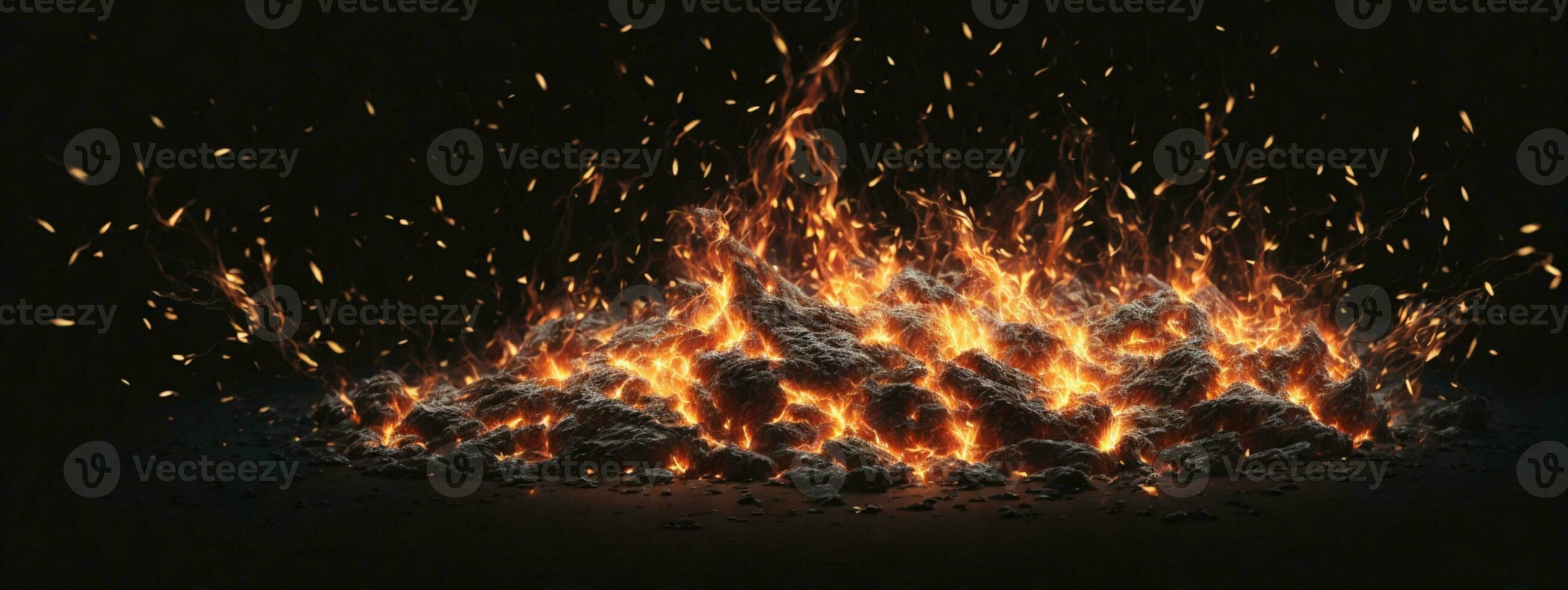 Detail of fire sparks isolated on black background. AI generated photo