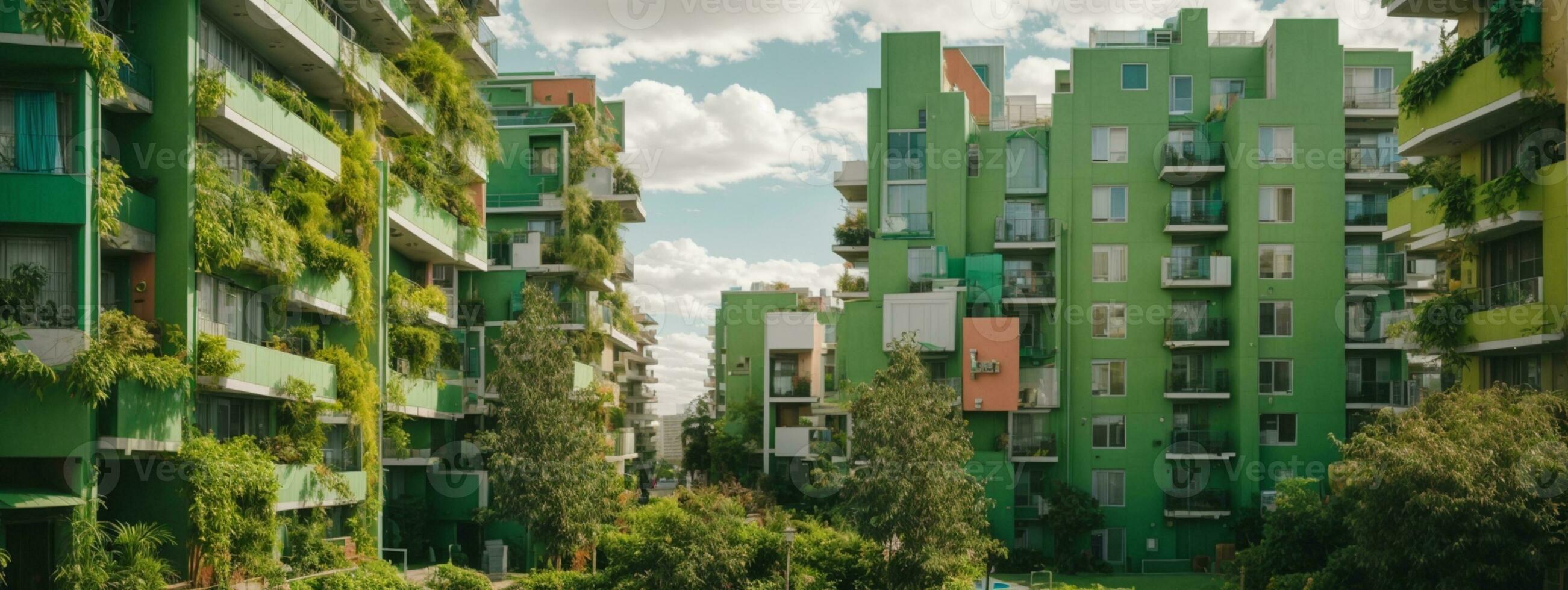 Modern apartment buildings in a green residential area in the city. AI generated photo