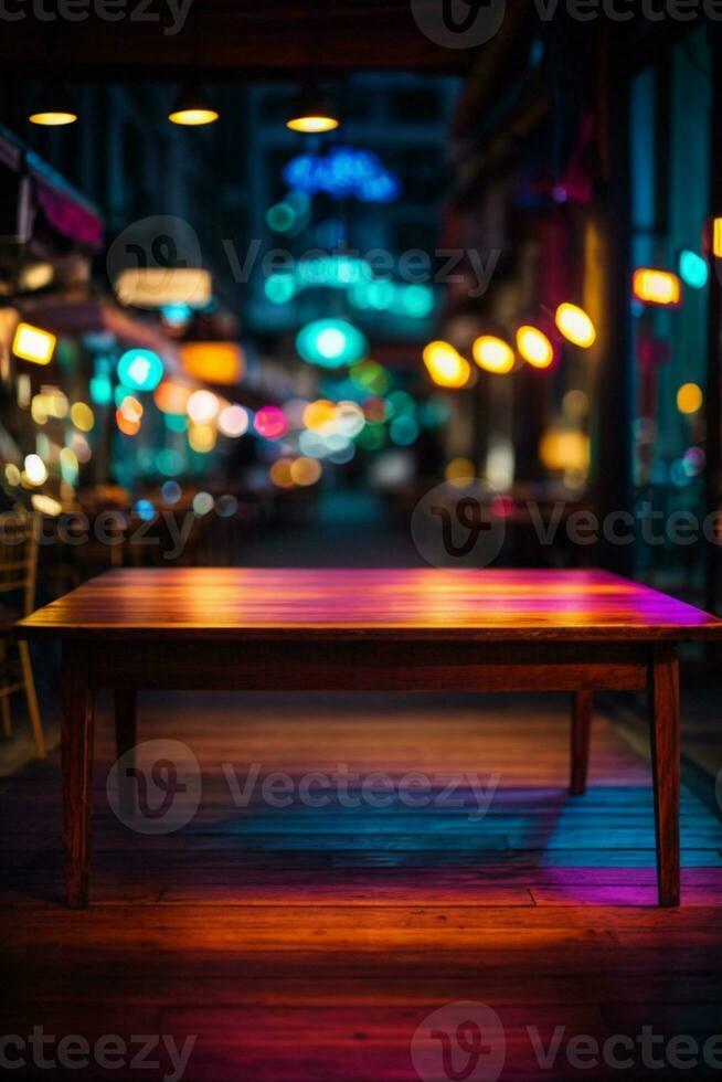 Wooden table, blurred bokeh background background. Neon light, night view, close-up. The general background of the interior, a dark background.. AI generated photo