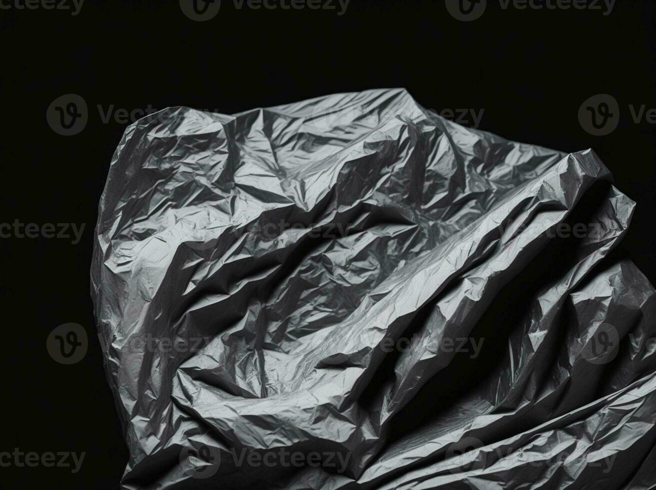 Wrinkled plastic wrap texture on a black background. AI generated photo