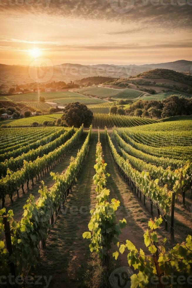 Vineyards at sunset. AI generated photo