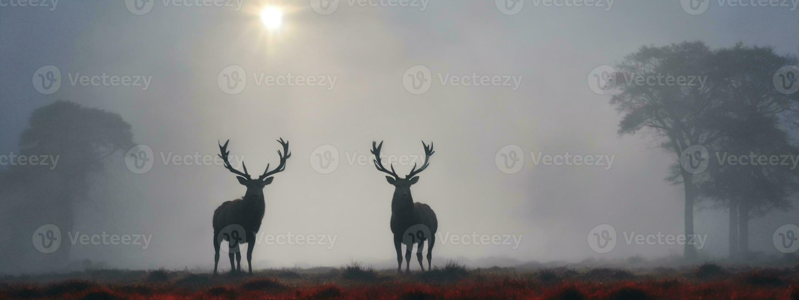 Red deer stag silhouette in the mist. AI generated photo