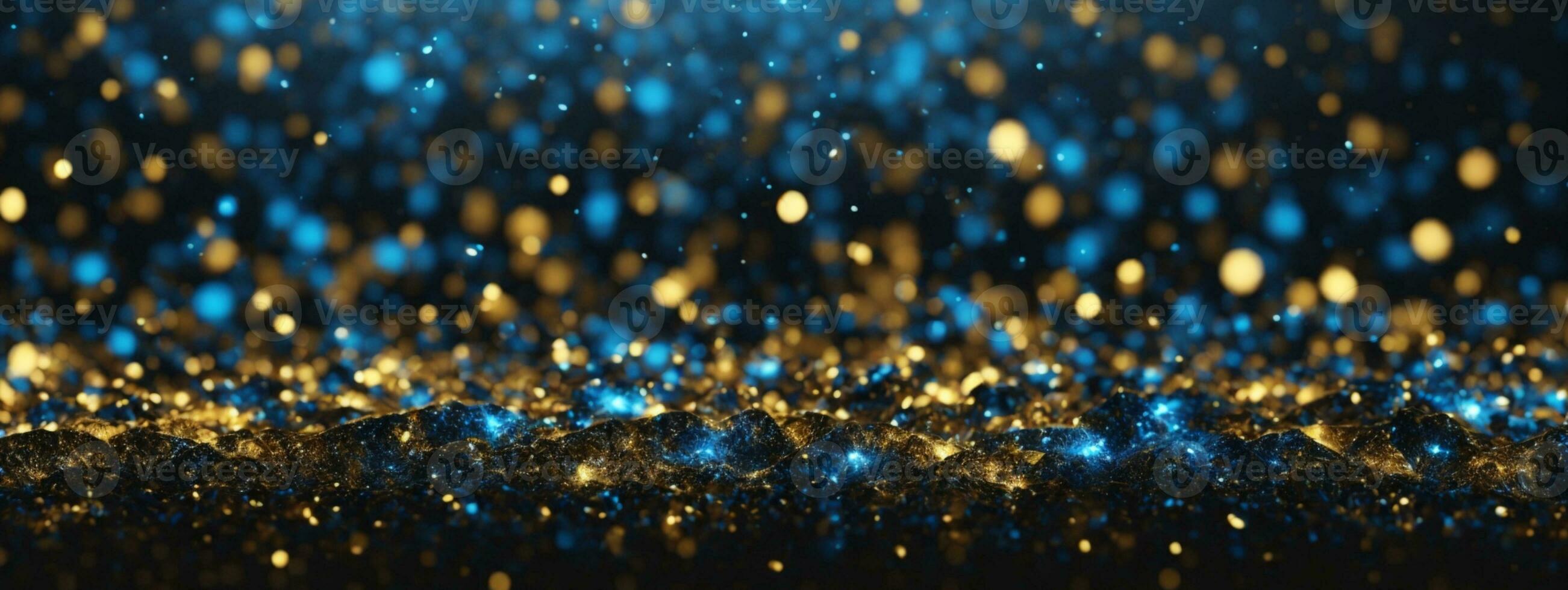 blackground of abstract glitter lights. blue, gold and black. de focused. banner. AI generated photo