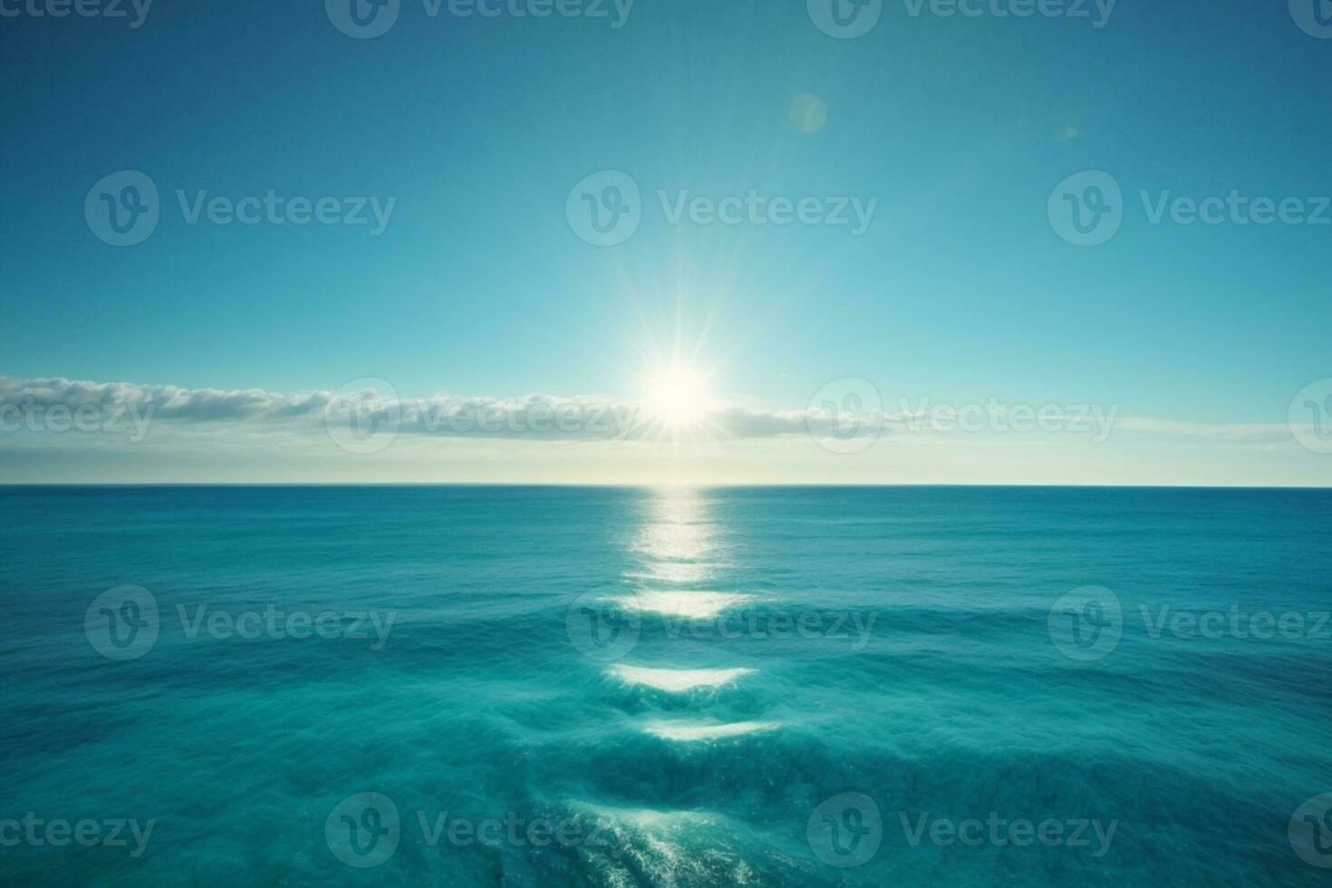 Blue ocean panorama with sun reflection, The vast open sea with clear sky, Ripple wave and calm sea with beautiful sunlight. AI generated photo