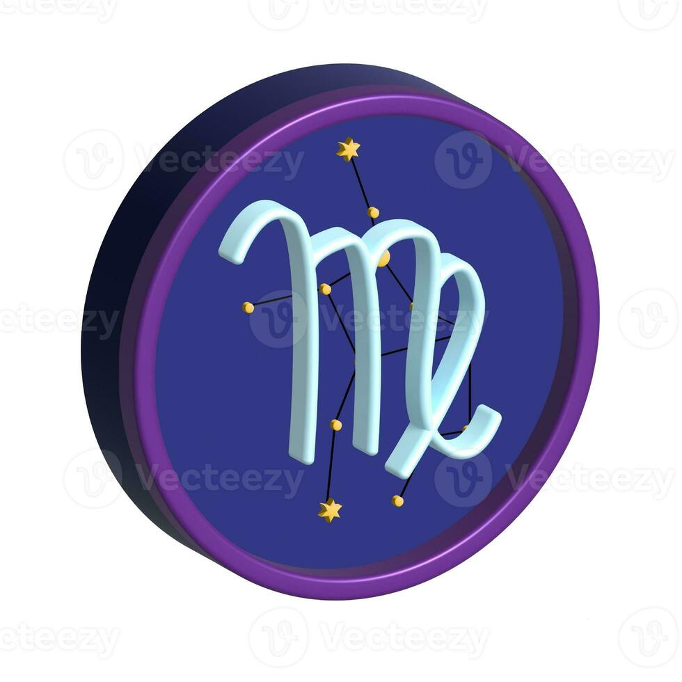 Virgo zodíaco signo. redondo 3d volumétrico firmar con el constelación de Virgo. azul icono en un blanco antecedentes foto