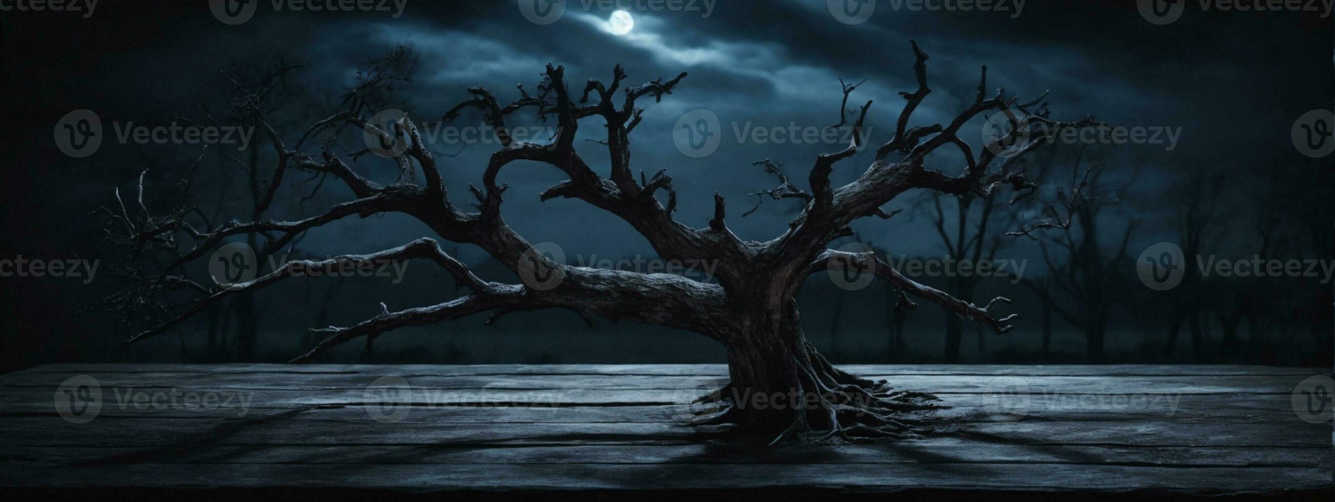 Old wood table and silhouette dead tree at night for Halloween background.. AI generated photo