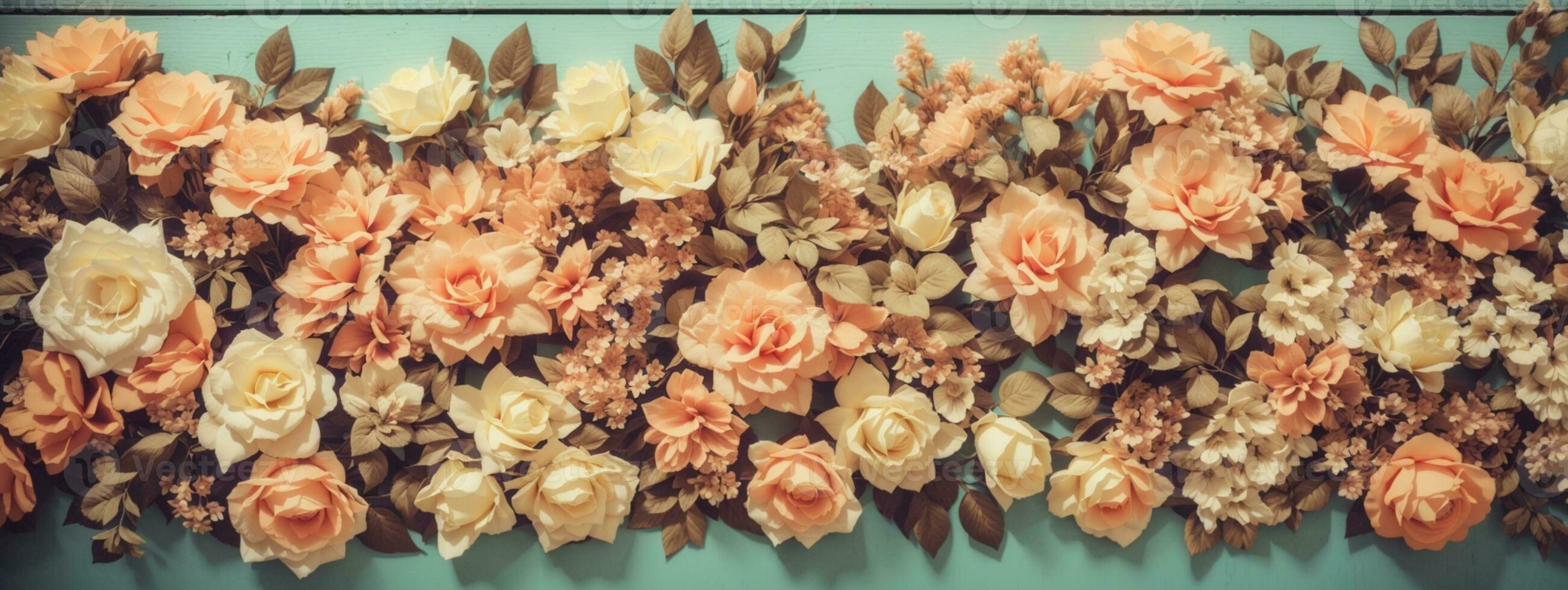 Artificial Flowers Wall for Background in vintage style. AI generated photo