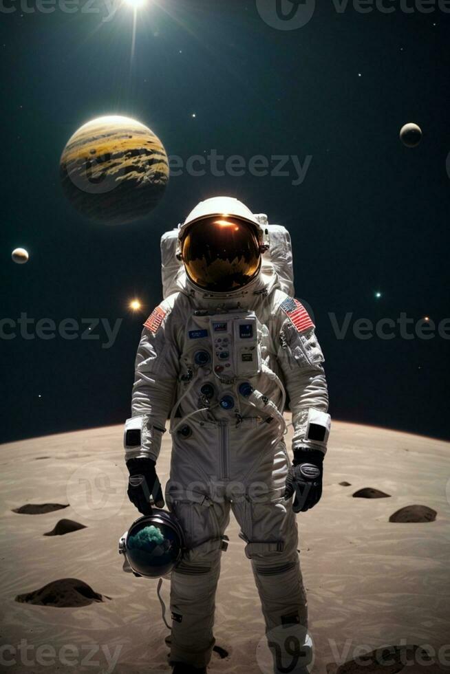 Spaceman and planet, human in space concept. AI generated photo
