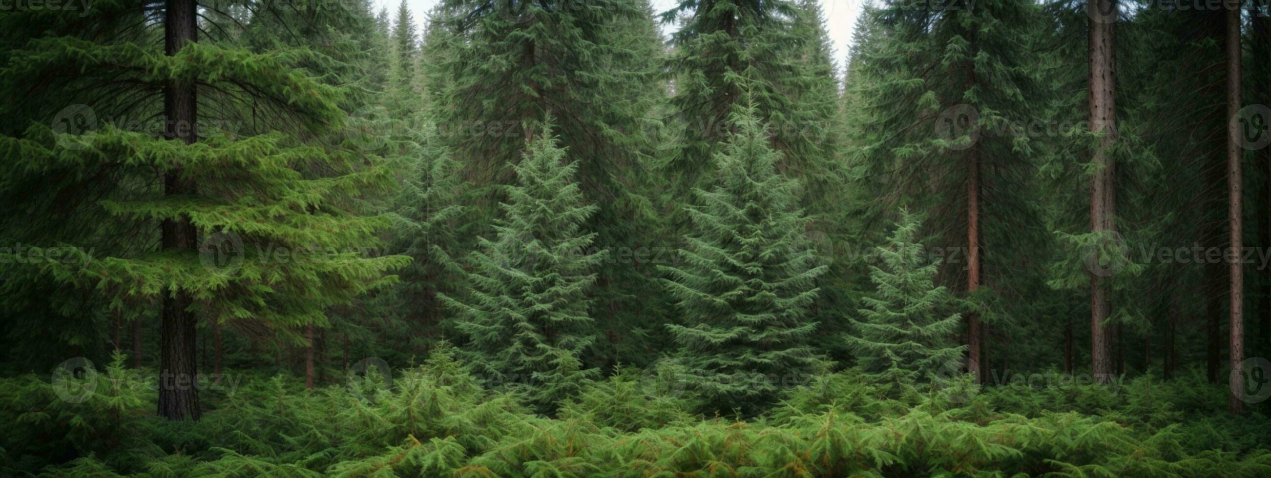 Healthy green trees in a forest of old spruce, fir and pine. AI generated photo