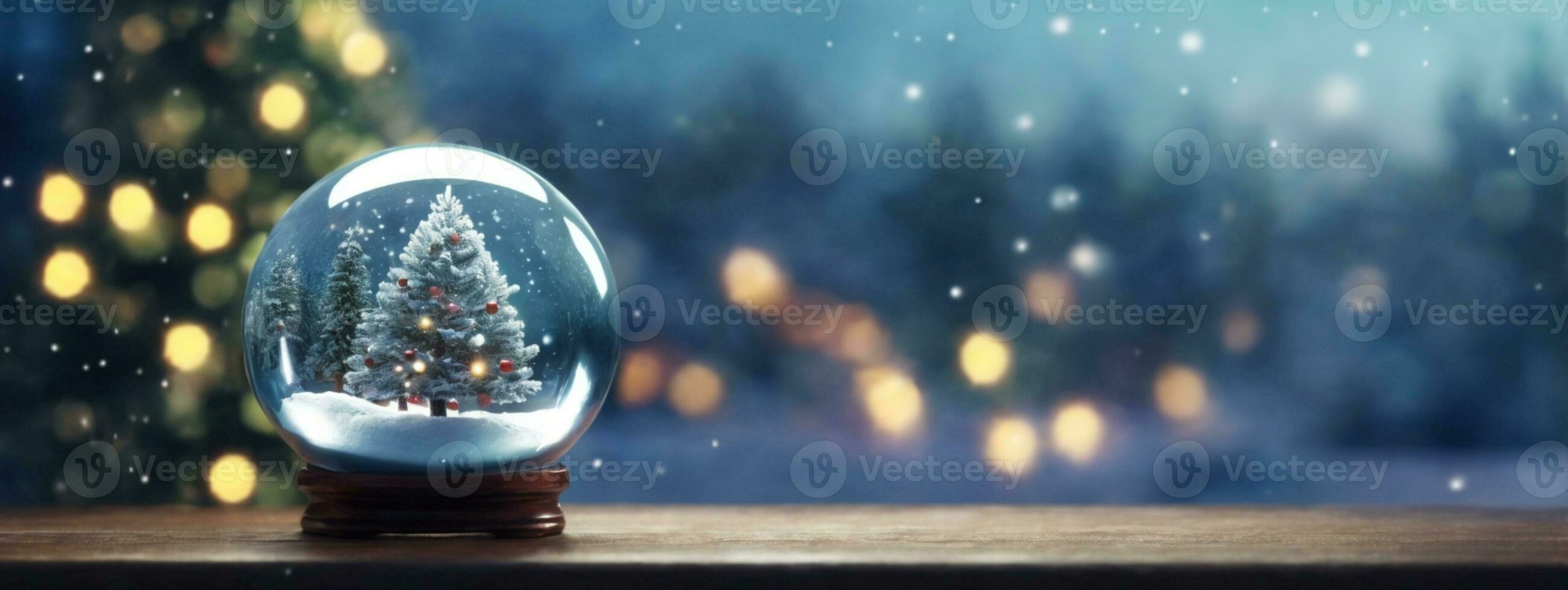 Christmas glass ball with tree in it on winter background.. AI generated photo