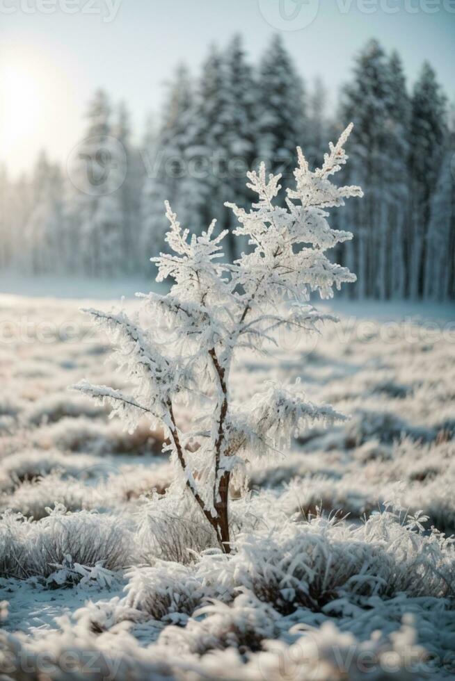 white wood covered with frost frosty landscape. AI generated photo