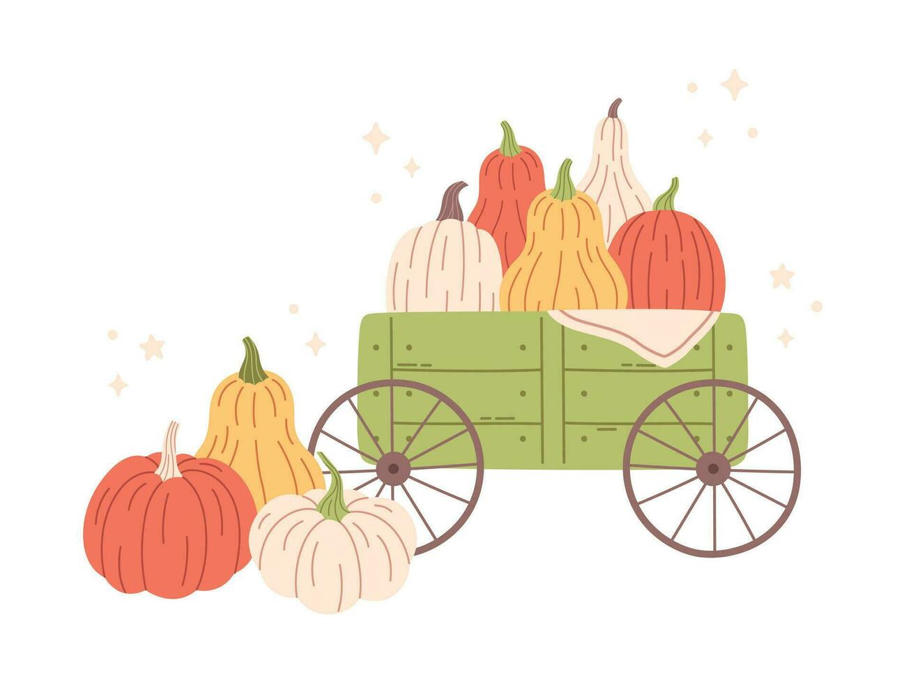 Pumpkins of different colors and shapes in wheelbarrow. Hello autumn, autumn harvest, autumn design elements. vector