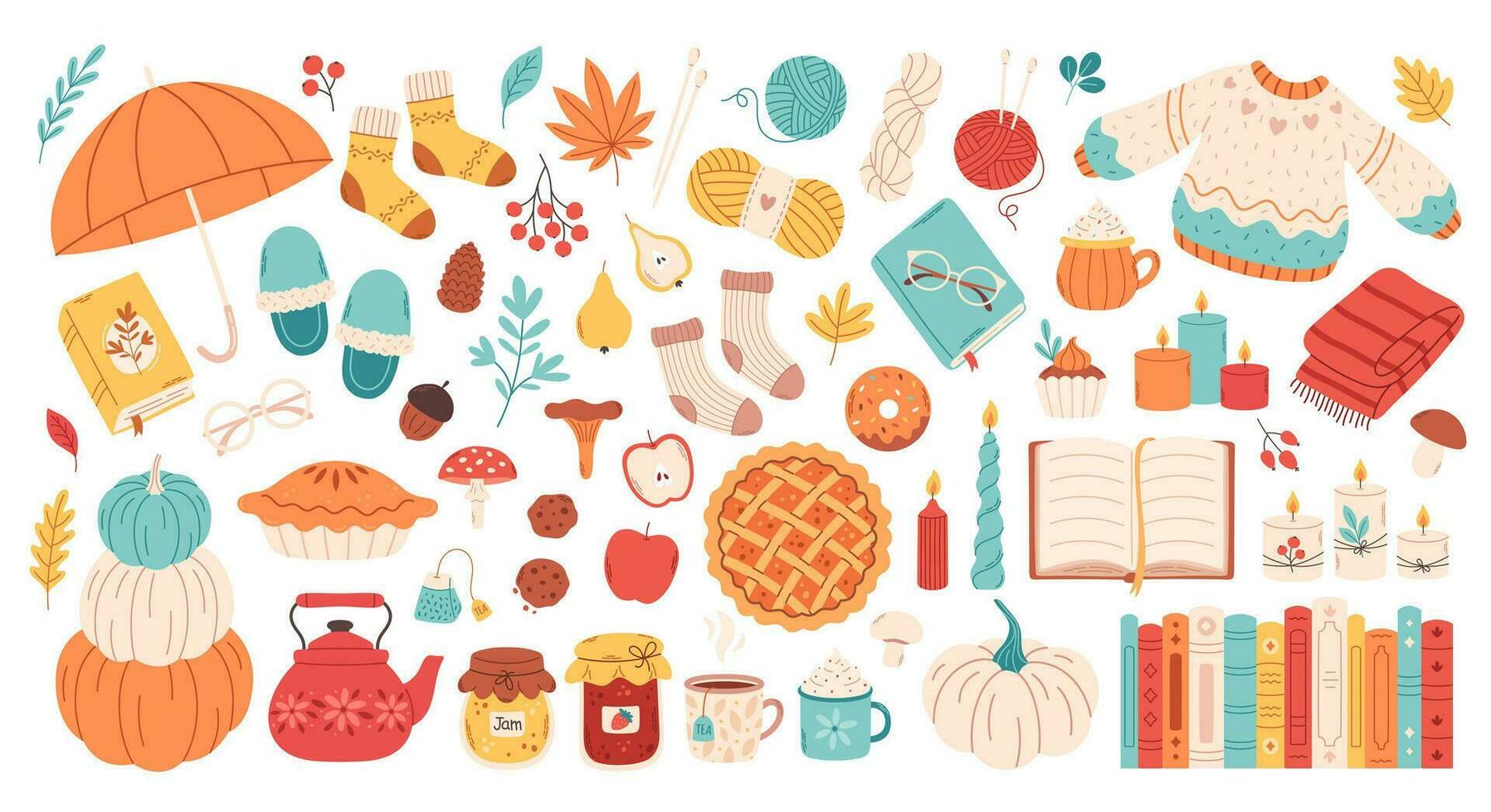 Autumn set of cute and cozy design elements. Fall mood. Autumn plants, food, harvest festival and thanksgiving day attributes vector