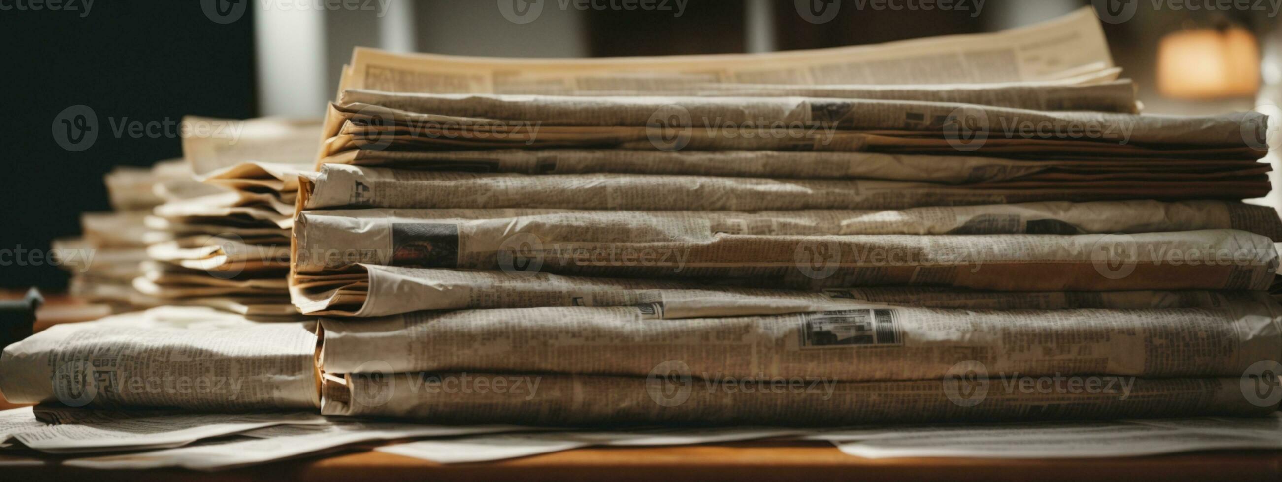 Pile of old newspapers, selective focus. AI generated photo