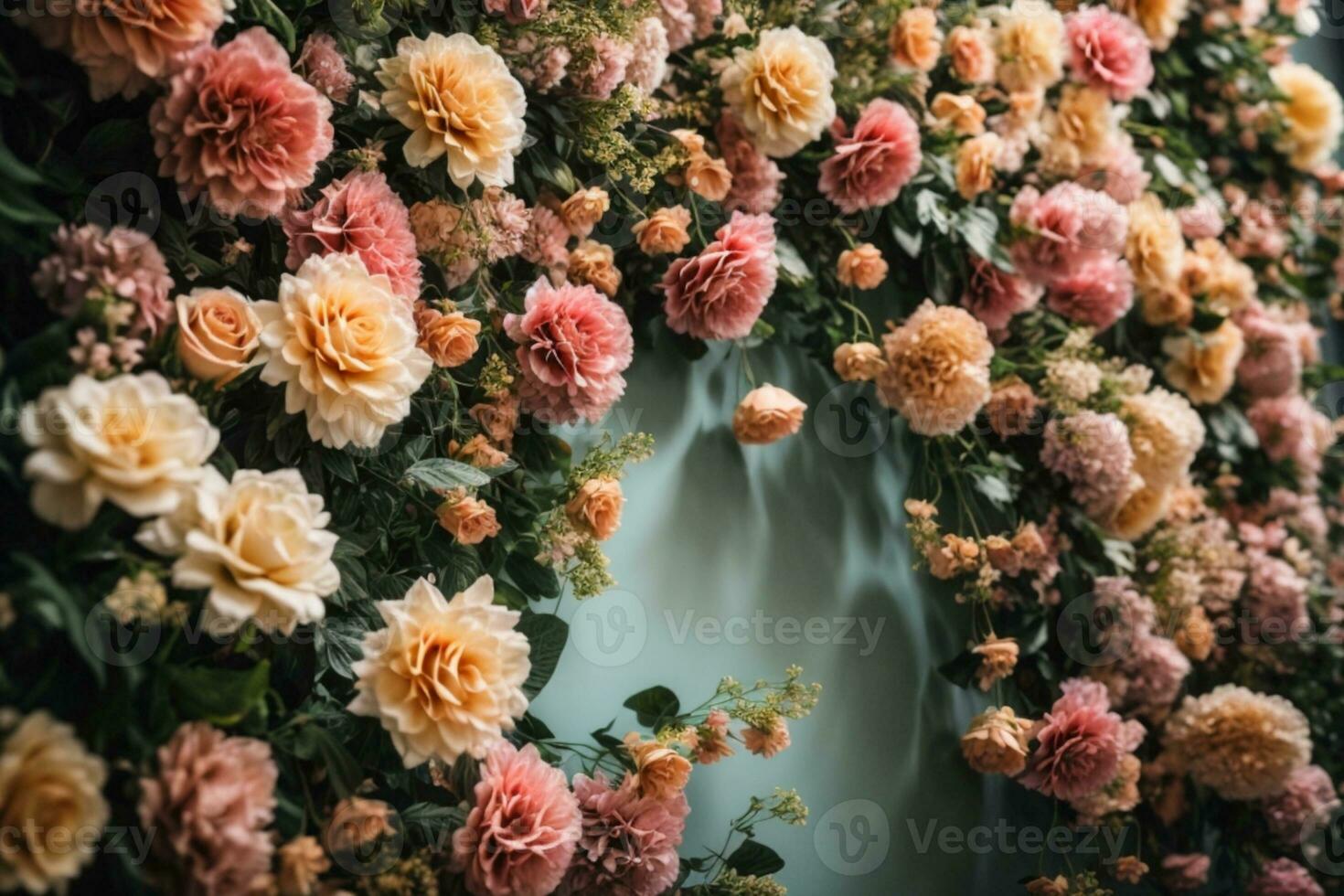 Artificial Flowers Wall for Background in vintage style. AI generated photo