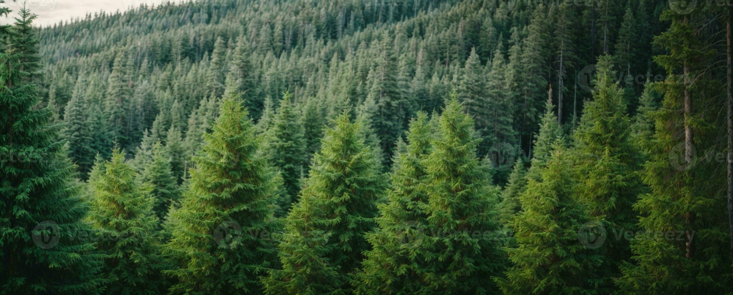 Healthy green trees in a forest of old spruce, fir and pine. AI generated photo