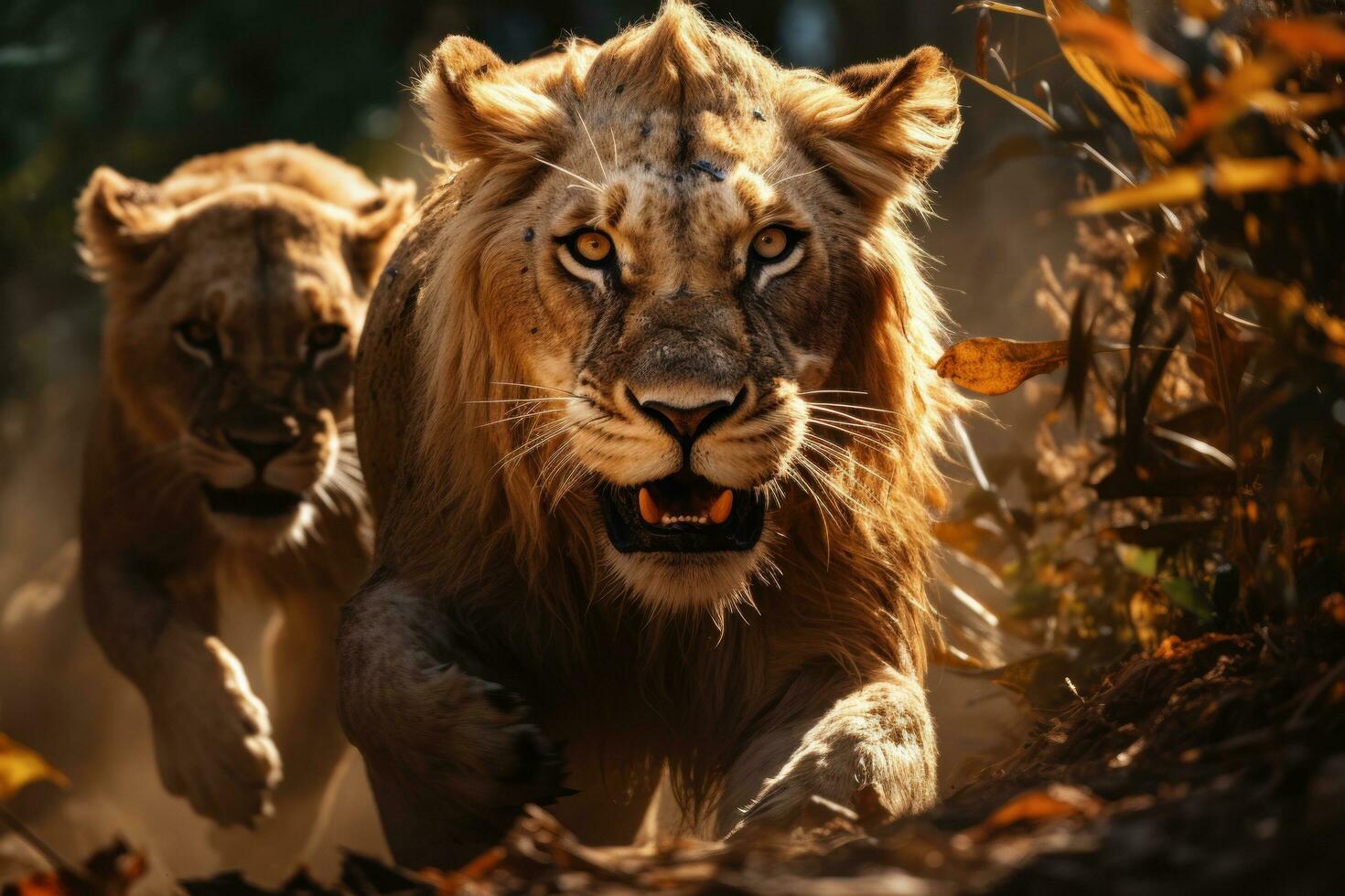 The lions running wild in front of a natural background photo