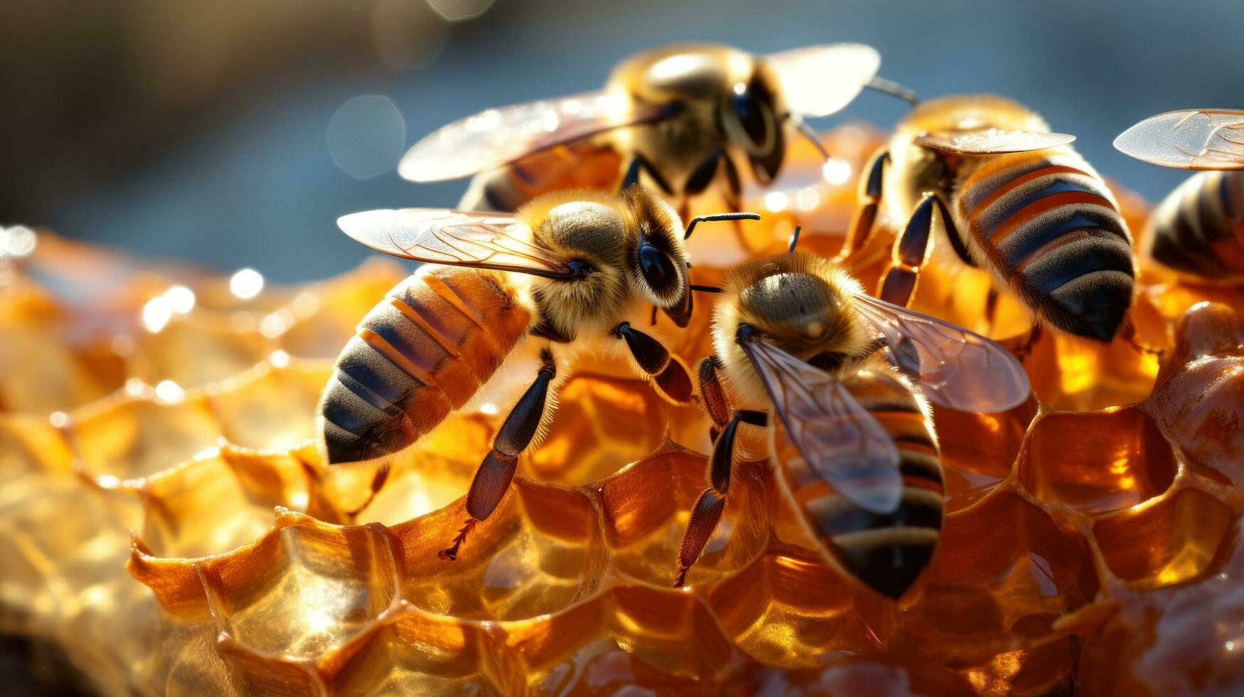 Bees occupying honeycombs in the early morning photo