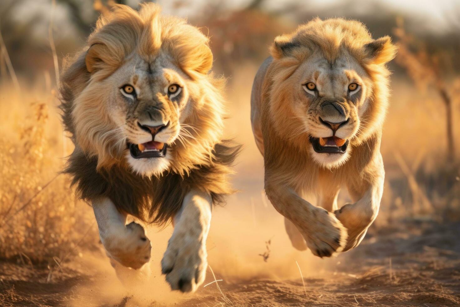 The lions running wild in front of a natural background photo