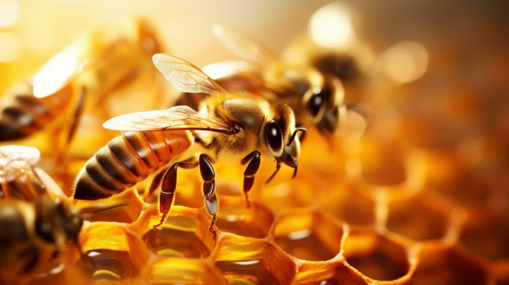 Bees occupying honeycombs in the early morning photo