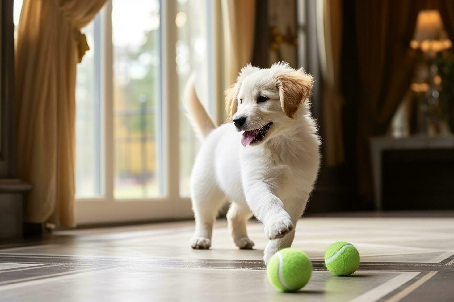 perro tomando apagado su Correa y jugando con verde pelota foto