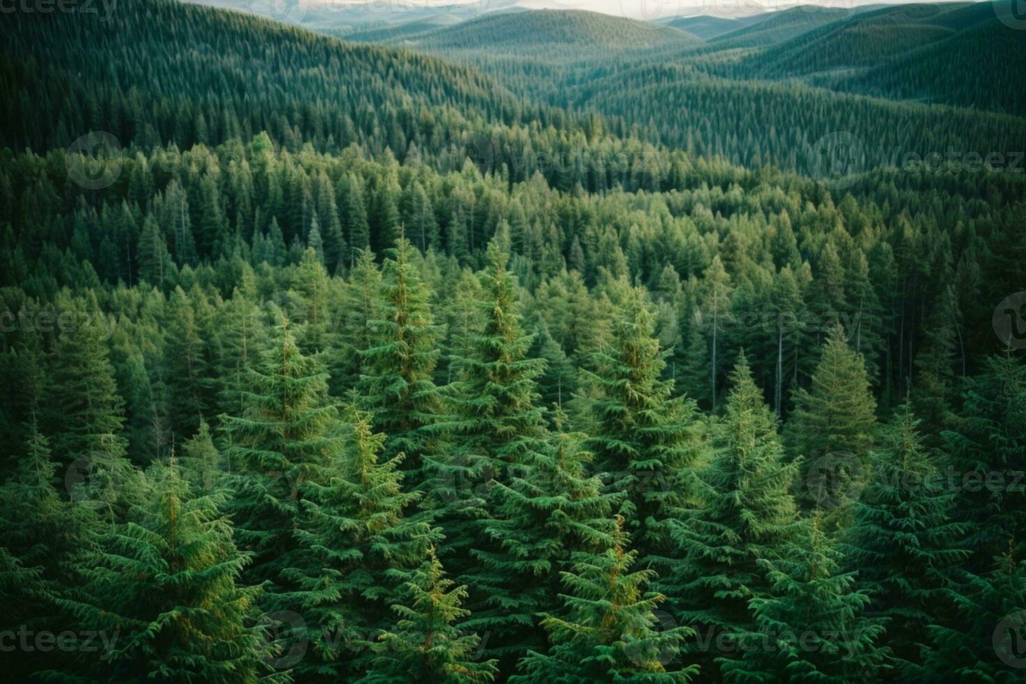 Healthy green trees in a forest of old spruce, fir and pine. AI generated photo