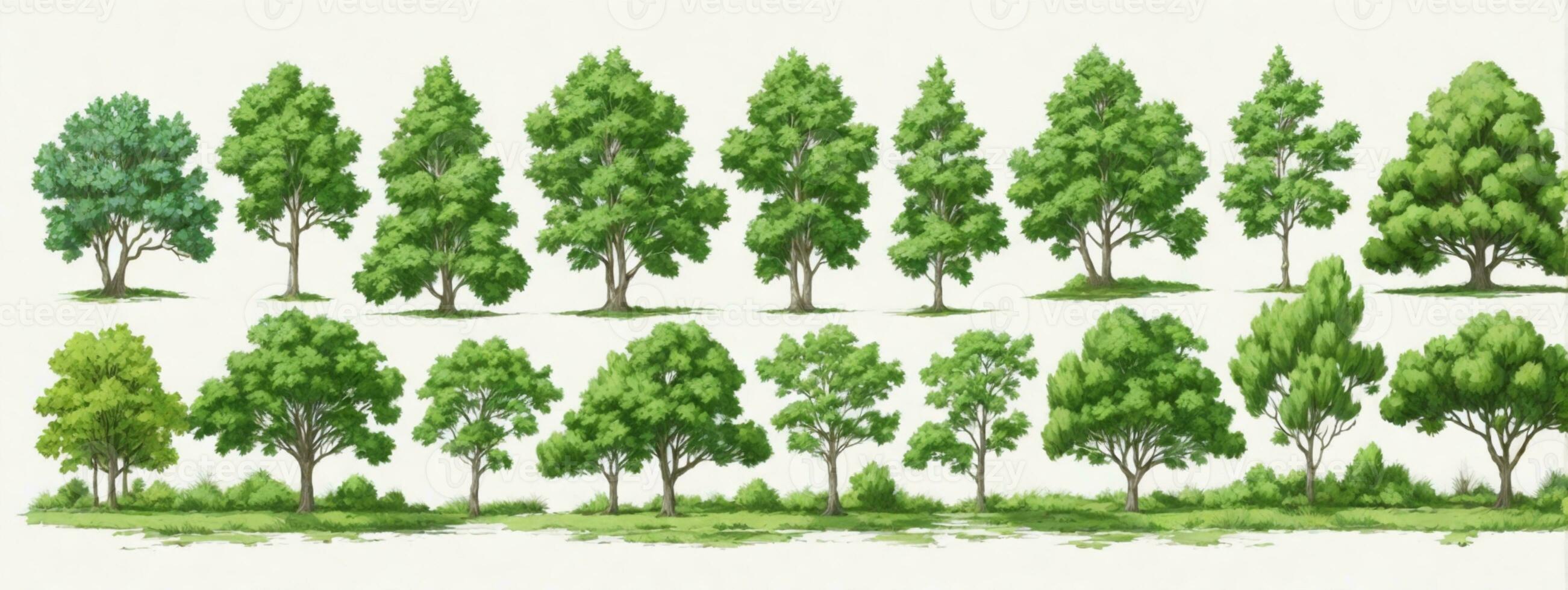Set of green trees isolated on white background. Different kinds of tree collection. AI generated photo