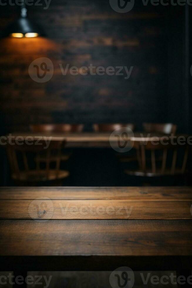 Wooden table with dark blurred background.. AI generated photo