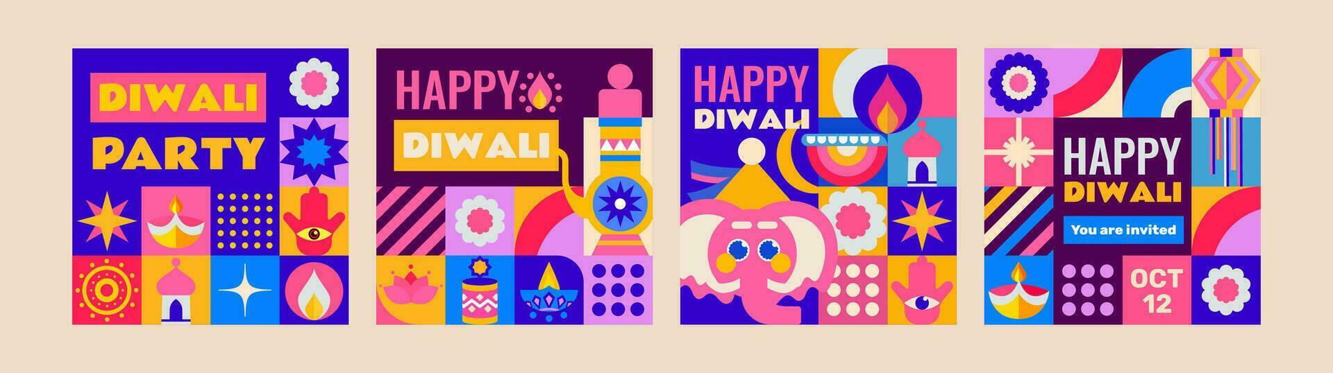 4 templates for the Diwali holiday in mosaic style. Bright, modern set with festive elements. The design will perfectly complement your project. vector