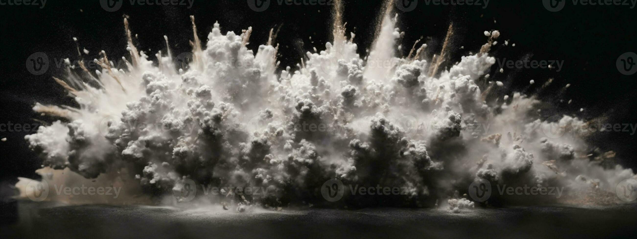 Abstract white powder explosion isolated on black background.. AI generated photo