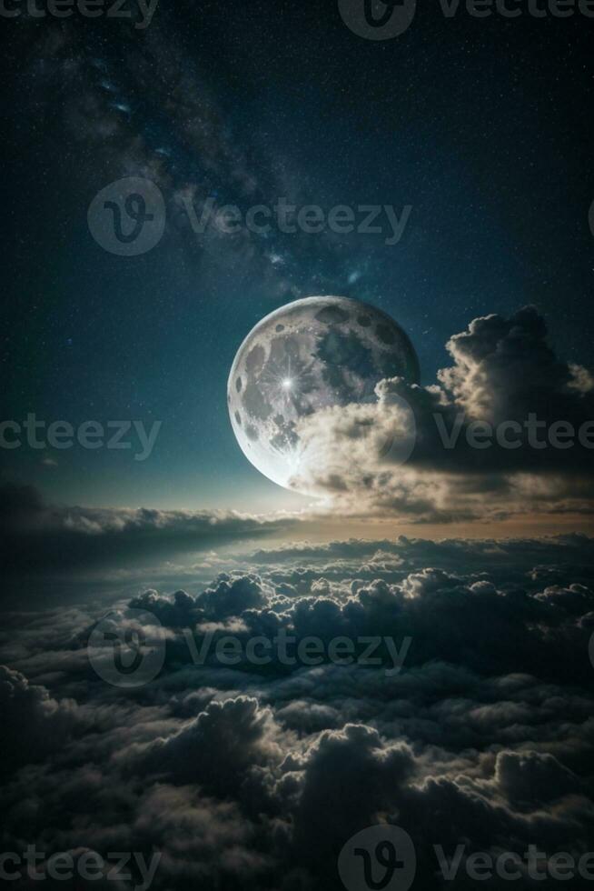 Romantic Moon In Starry Night Over Clouds. AI generated photo